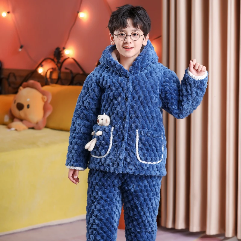 2024新款冬季儿童睡衣男童法兰绒三层夹棉加绒加厚款珊瑚绒家居服