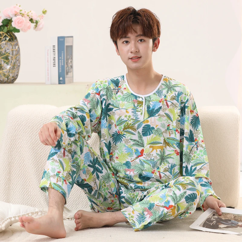 男大童夏季空调服绵绸薄款春秋长袖男孩棉绸睡衣男童家居服套装