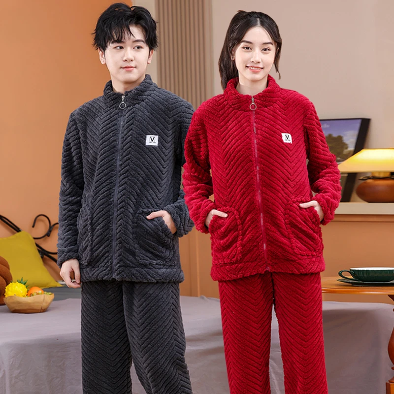 秋冬季男士珊瑚绒可外穿睡衣拉链加厚加绒法兰绒家居服潮套装冬天