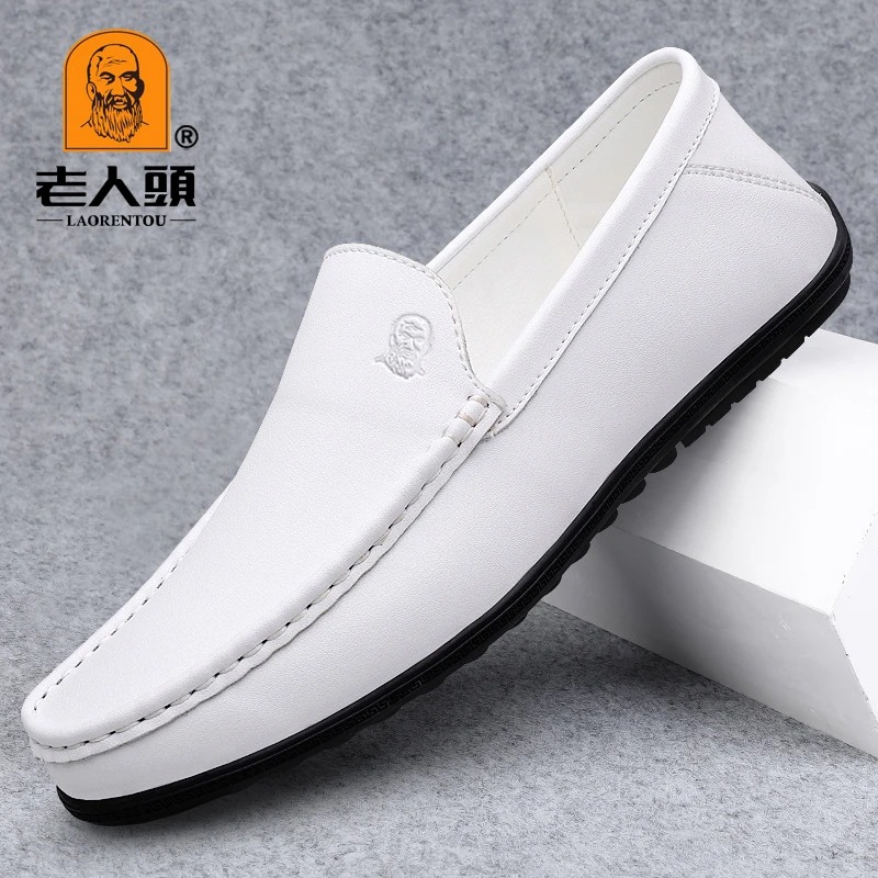 老人头男鞋夏季白色豆豆鞋男士百搭软底真皮透气驾车鞋中年懒人鞋