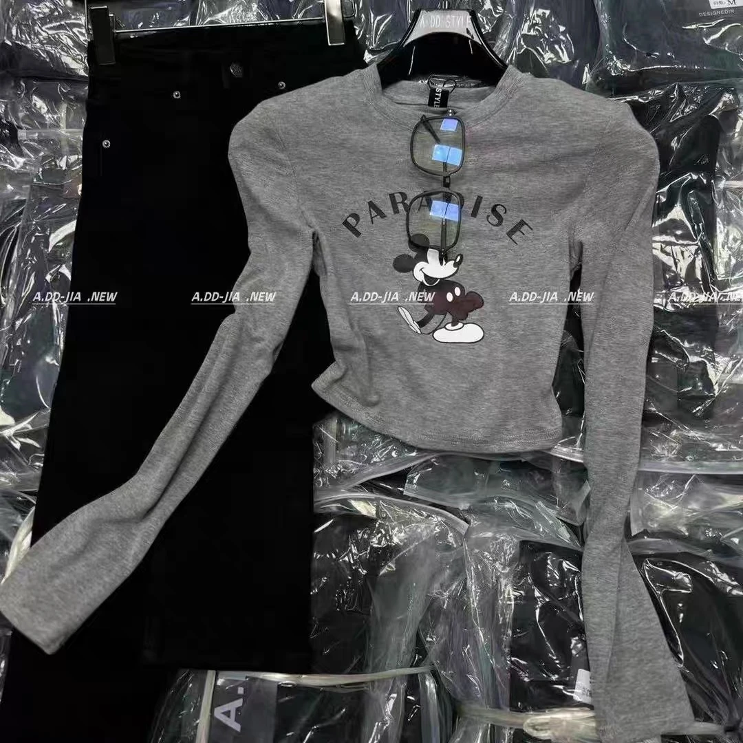 韩版2024秋季新款米奇动漫印花正肩长袖百搭短款T恤上衣打底衫女