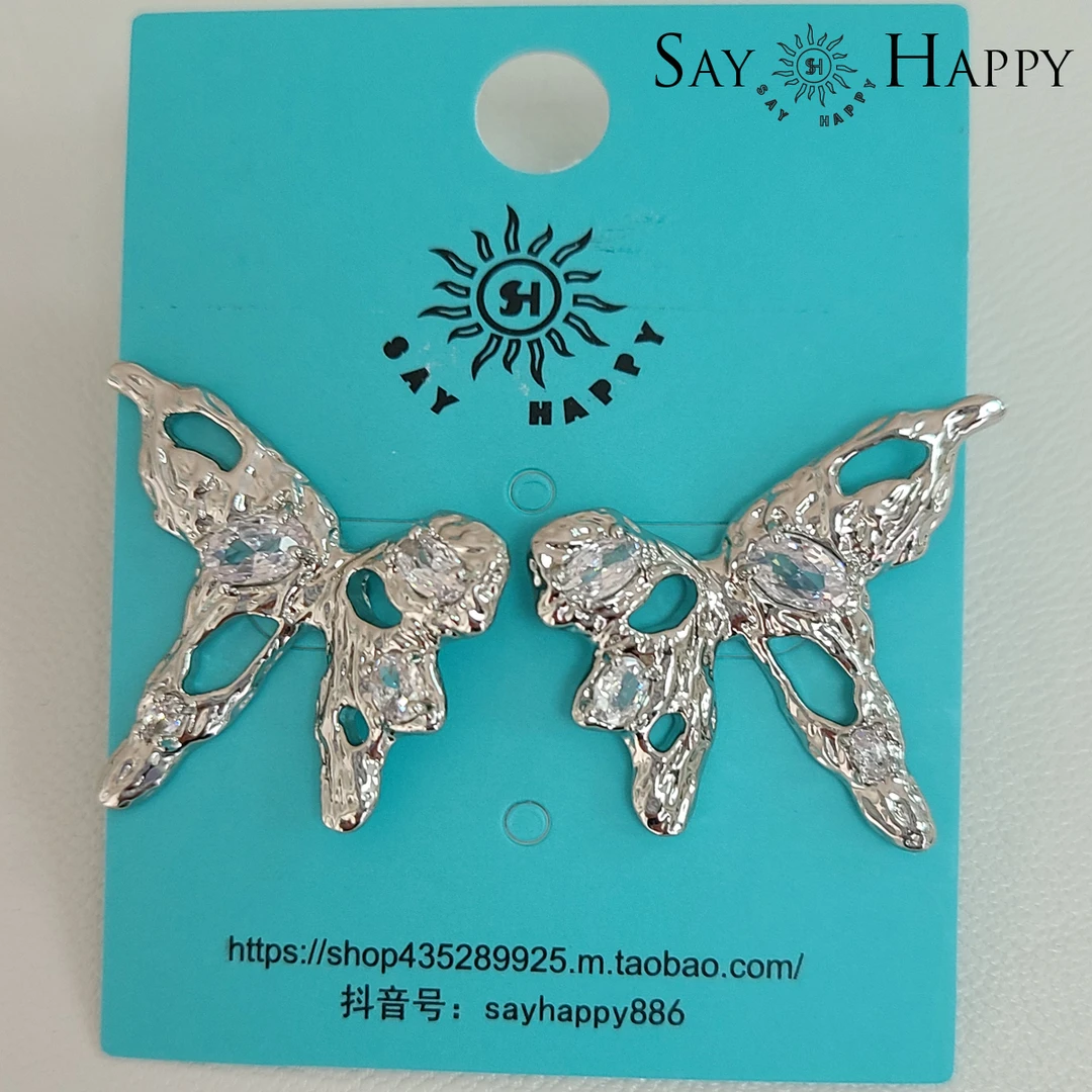 合金仿水晶耳饰 SAY HAPPY 韩国风蝴蝶耳钉锆石镶嵌气质时尚