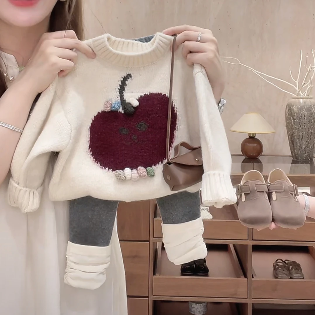 【甜品起司】韩国童装女宝宝小苹果毛衣翻领裤子2343