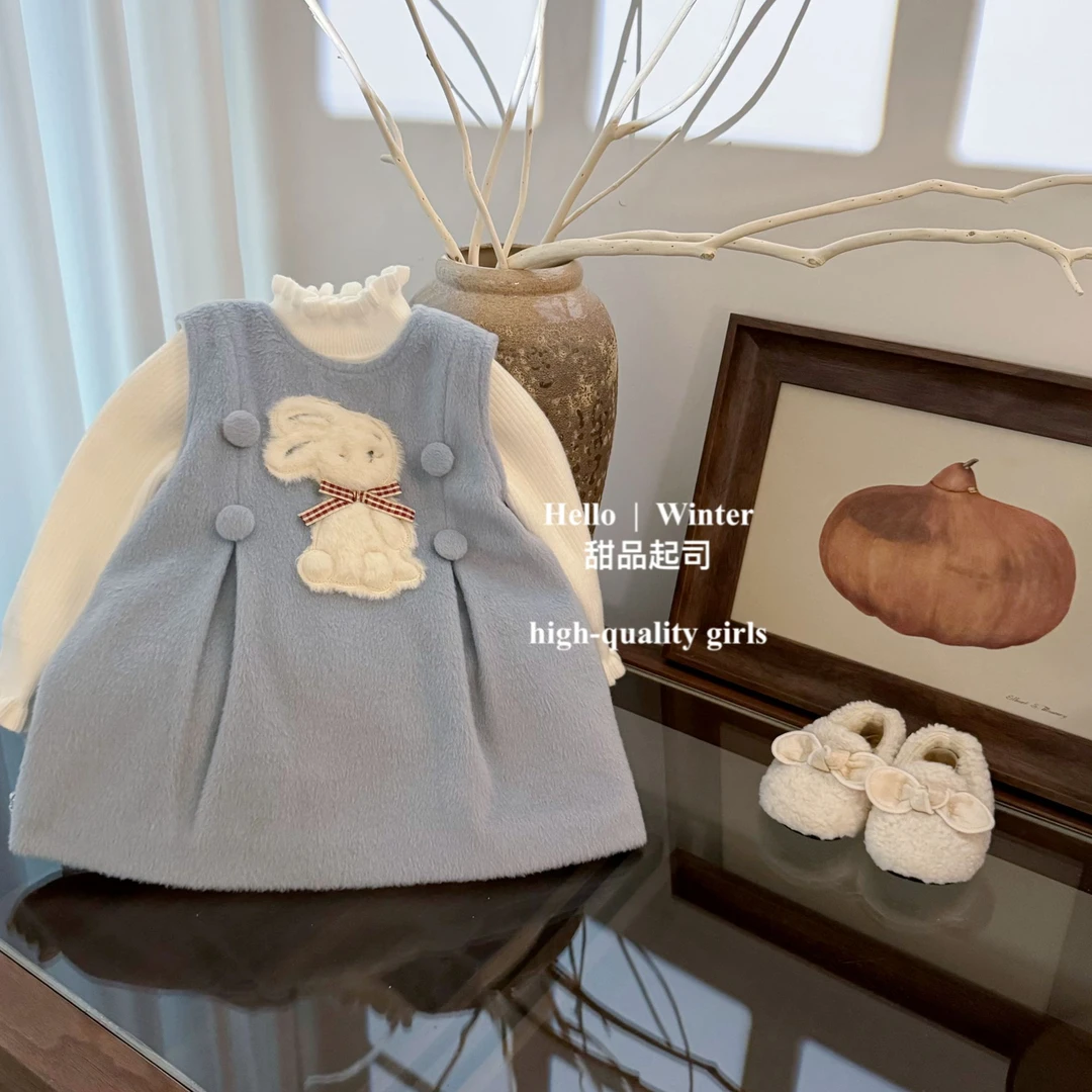 【甜品起司】贼乖啊！女童连衣裙奶蓝小兔子呢子双排扣加绒背心裙