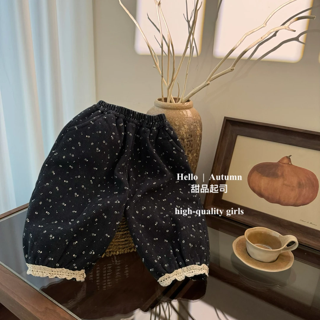 【甜品起司】韩国冬款女宝韩版森系风碎花加绒花边休闲裤 森系复古