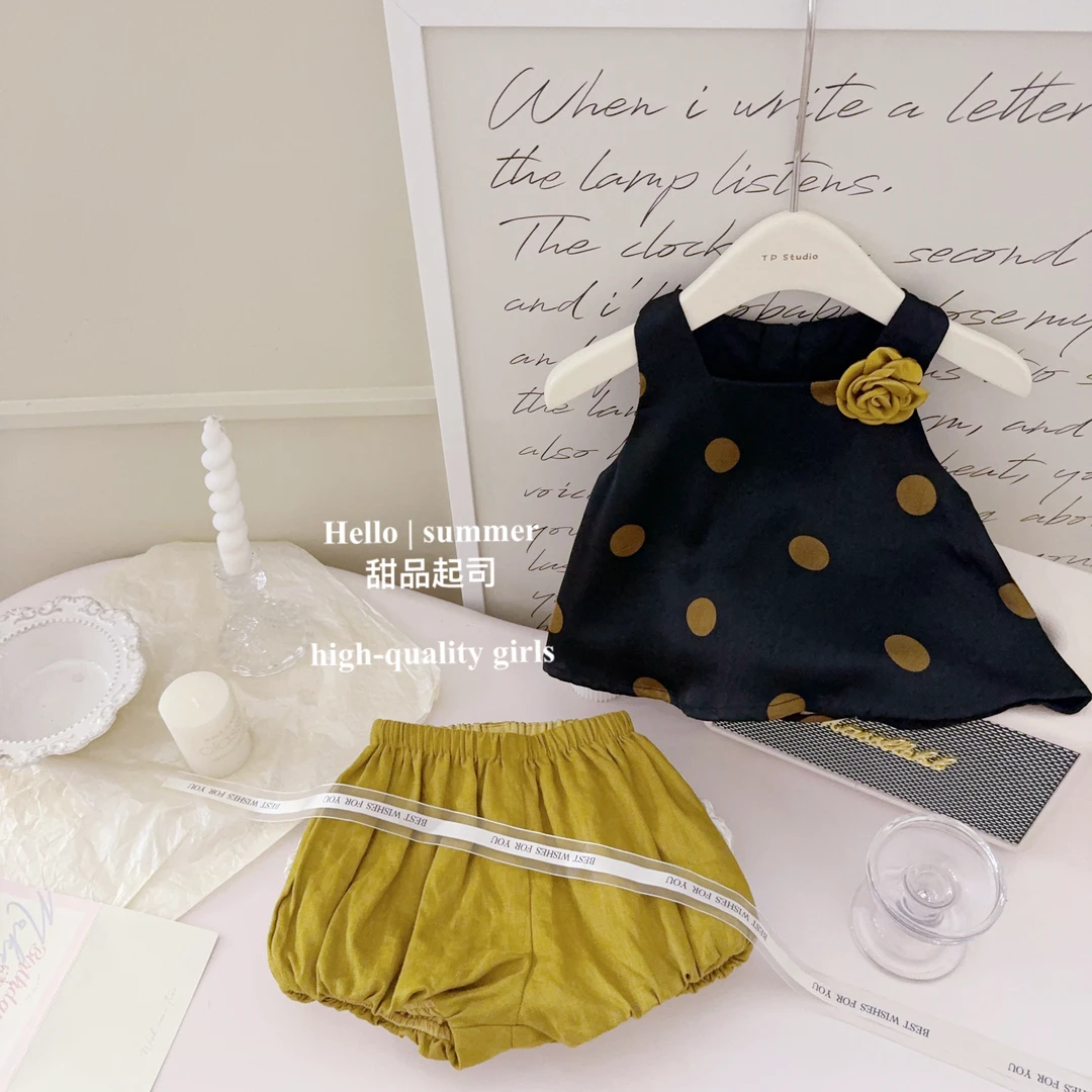 【甜品起司】法式复古女宝宝优雅山茶花吊带背心花苞短裤套装