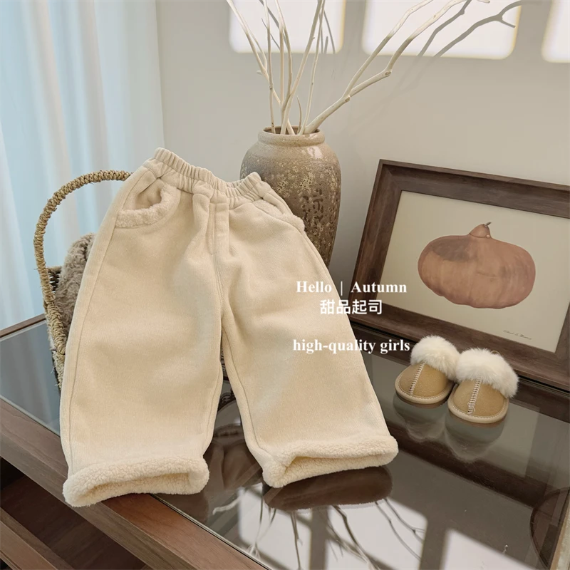 【甜品起司】韩国女宝宝秋冬一体绒加厚休闲长裤直筒裤套装森系裤子