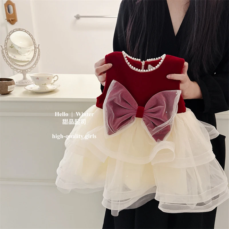 【甜品起司】宫廷赫本风新年红女小童欧根纱连衣裙背心礼服裙