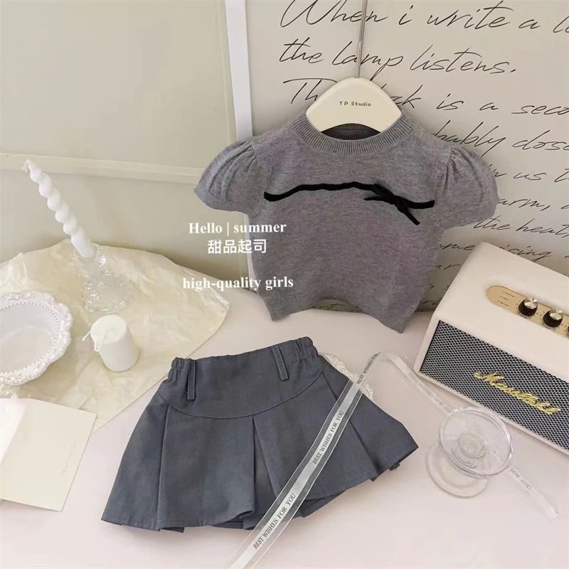 【甜品起司】法式小众针织蝴蝶结短袖毛衣女宝甜美高级感百褶裙裤