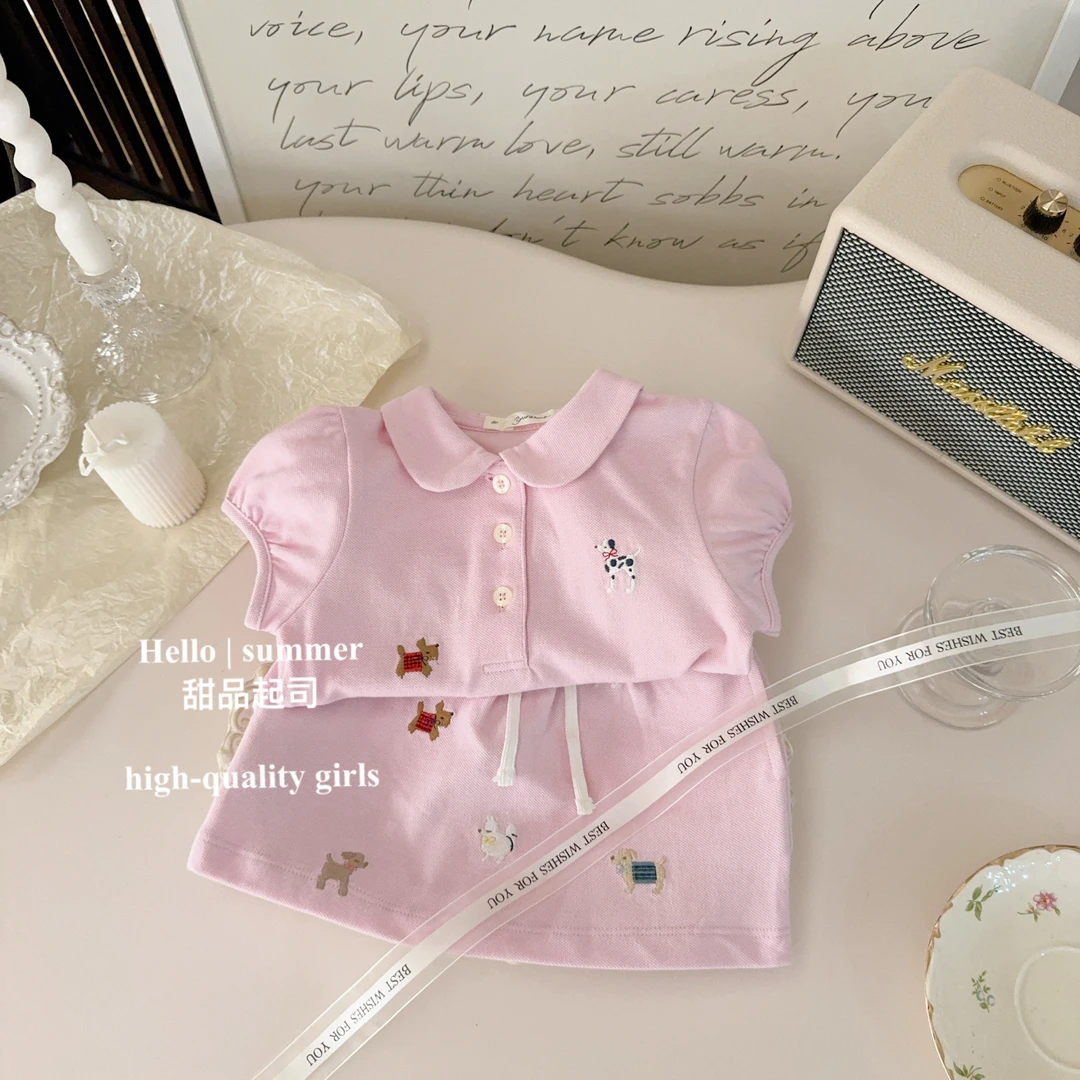 【甜品起司】重工贴布刺绣狗狗女宝宝POLO衫短袖学院风短裙套装