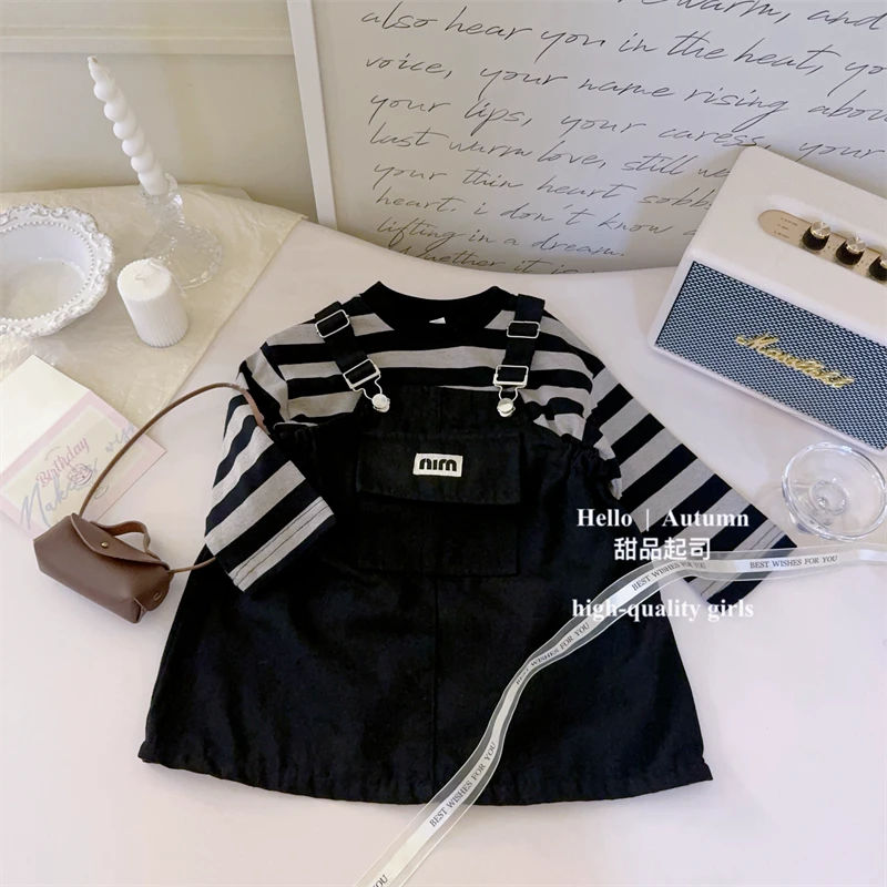 【甜品起司】韩国童装女宝宝腔调感牛仔背带裤条纹T恤两件套装