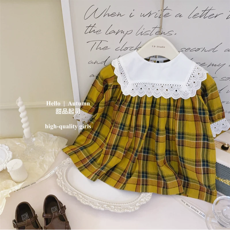 【甜品起司】超显白！复古vintage春秋格纹娃娃款七分袖公主裙2365