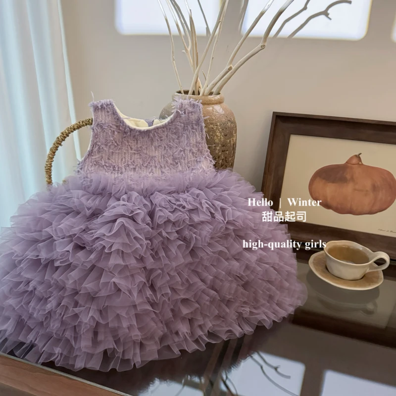 【甜品起司】女童紫色连衣裙秋季无袖背心公主裙羽毛网纱蛋糕生日裙