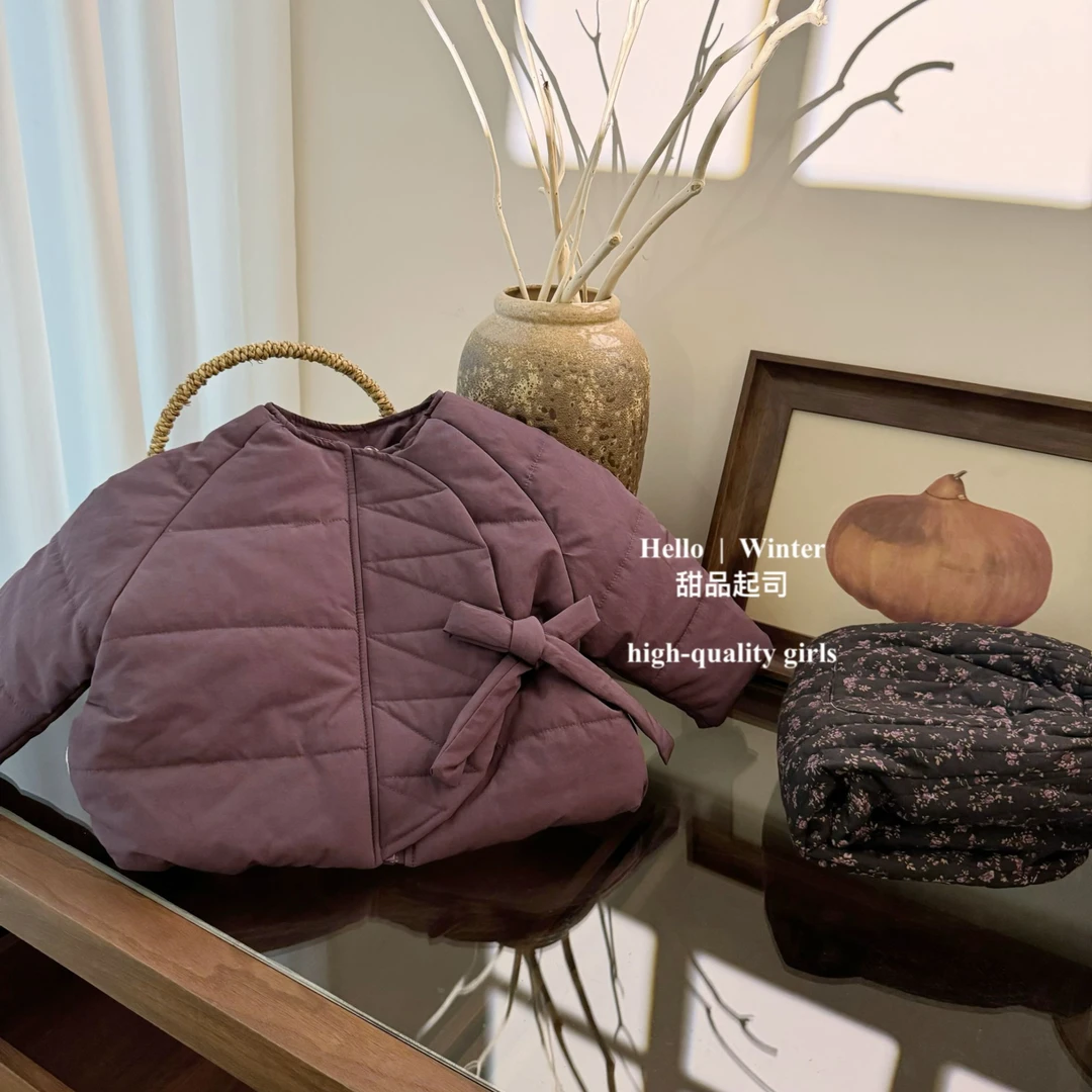【甜品起司】韩国童装女宝宝酱紫色复古系带棉衣加绒棉服2508
