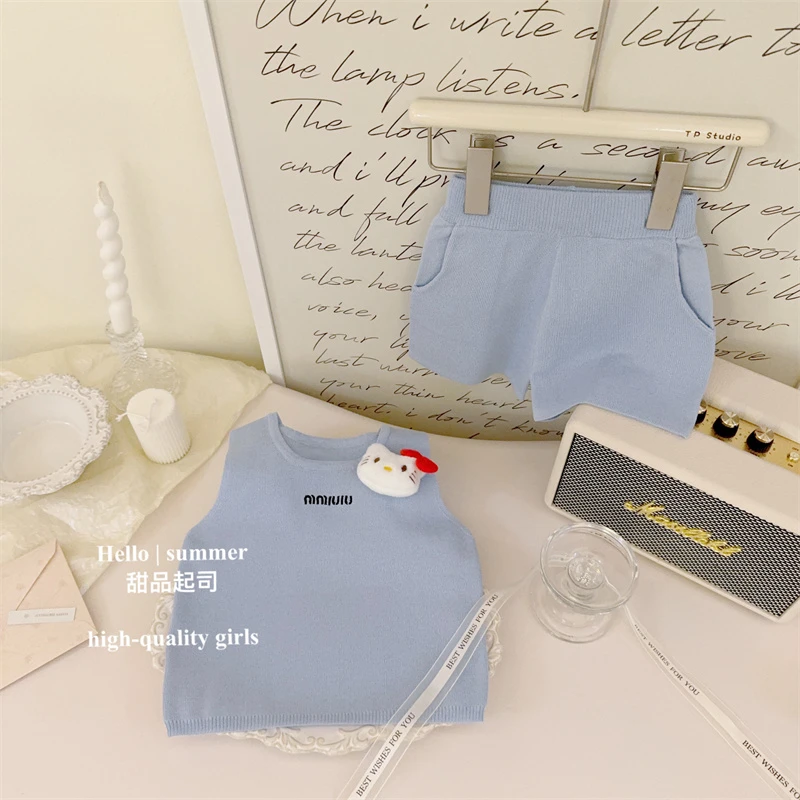 【甜品起司】miu系萌妹！女宝宝可爱洋气冰丝针织背心短裤套装