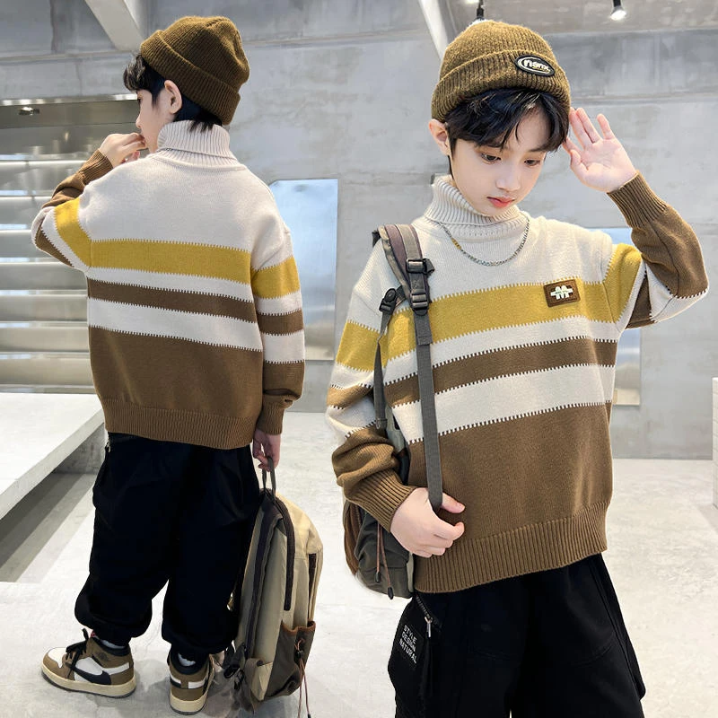 男童冬季毛衣2024新款秋冬款中大儿童男孩高领冬装打底衫加厚加绒