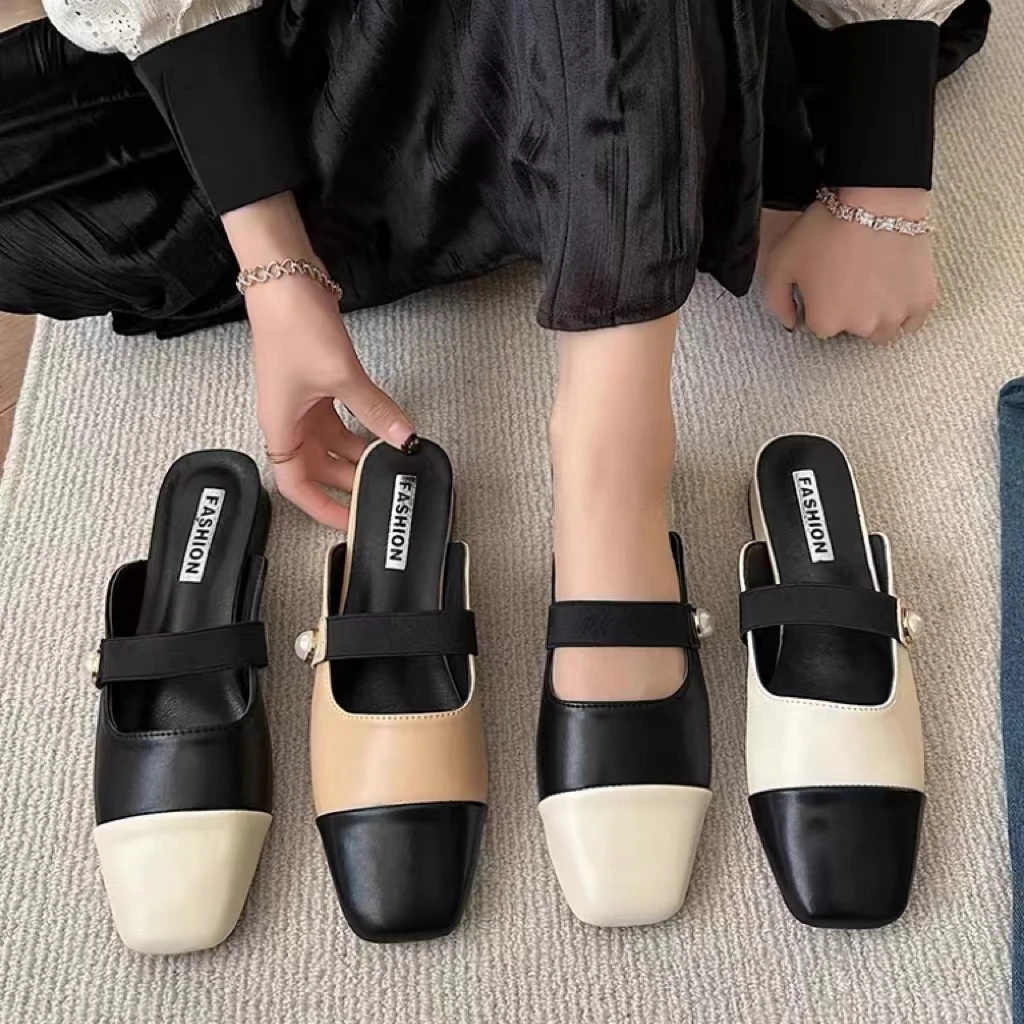 时尚高级凉拖女2024年新款春季新款韩版通勤拼色法式包头半拖鞋女