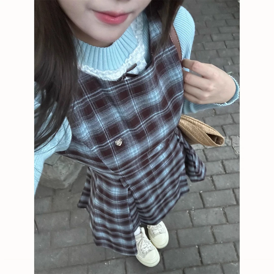 法式学院风格纹收腰背带裙秋季韩版针织衫少女游乐园短裙两件套