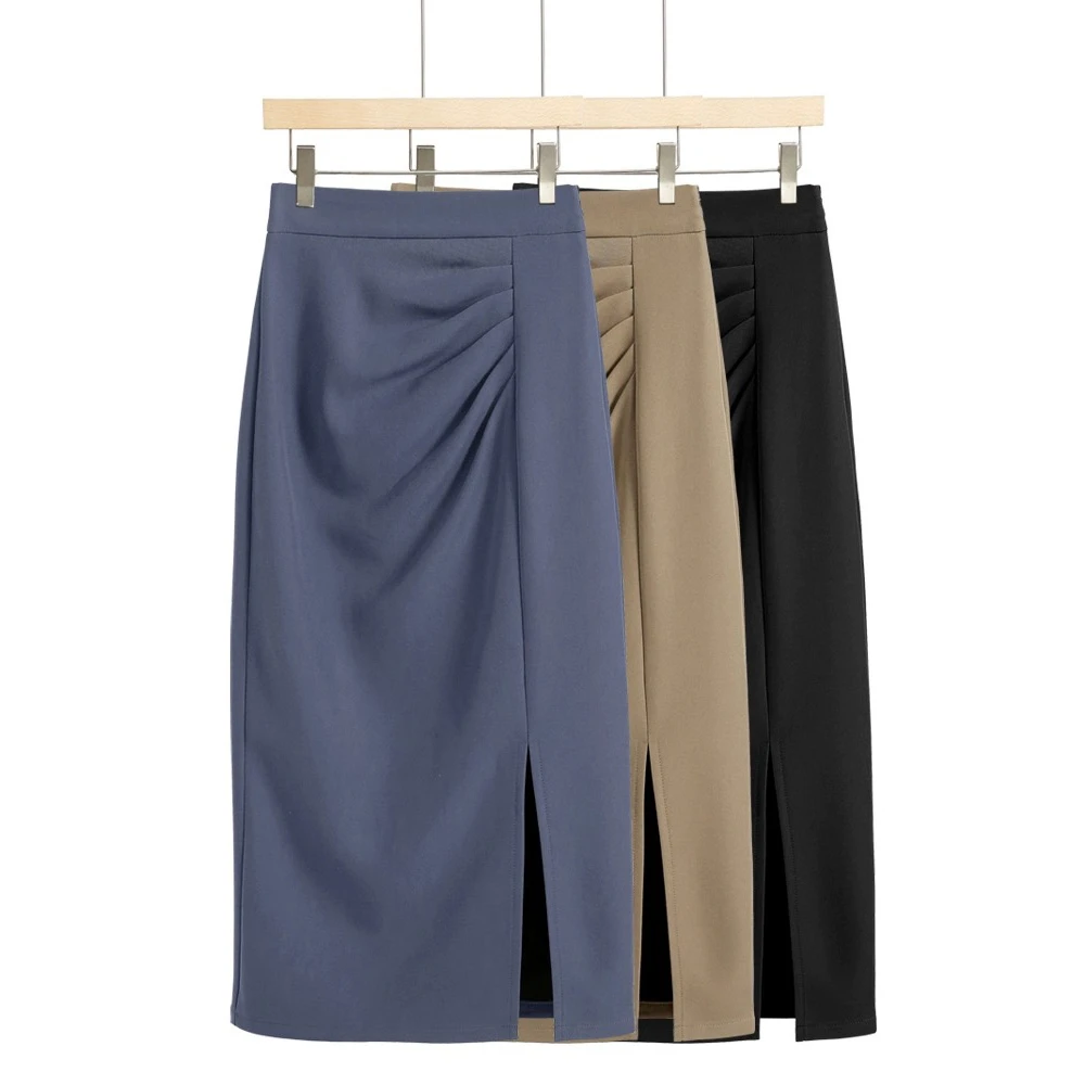 2025加厚春秋新款显瘦百搭褶皱半身裙高腰裙子休闲开叉a字包臀裙