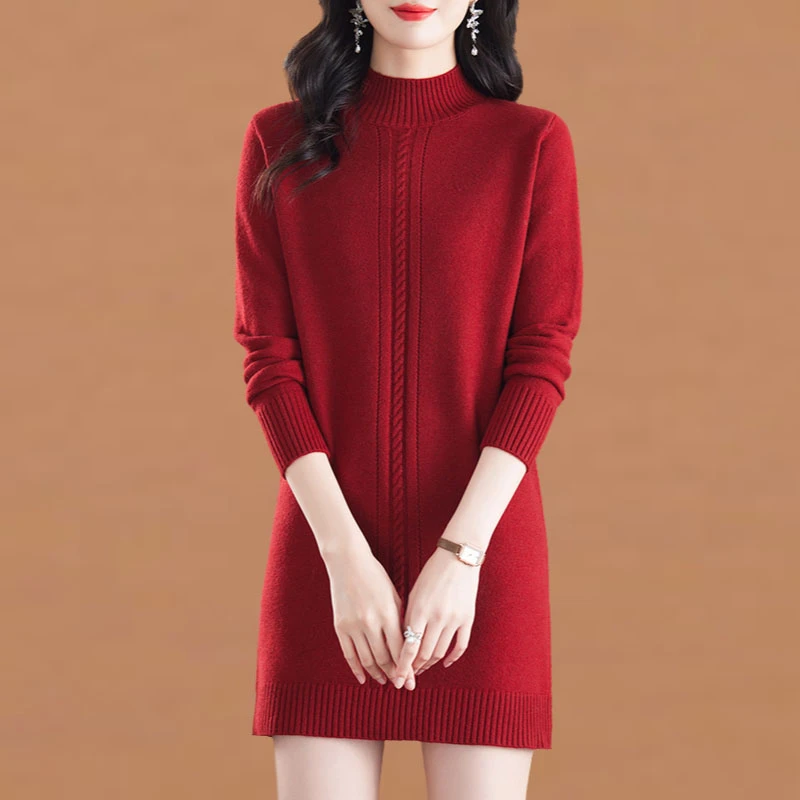 配大衣毛衣女秋冬新款半高领加厚内搭中长款遮屁股打底针织连衣裙