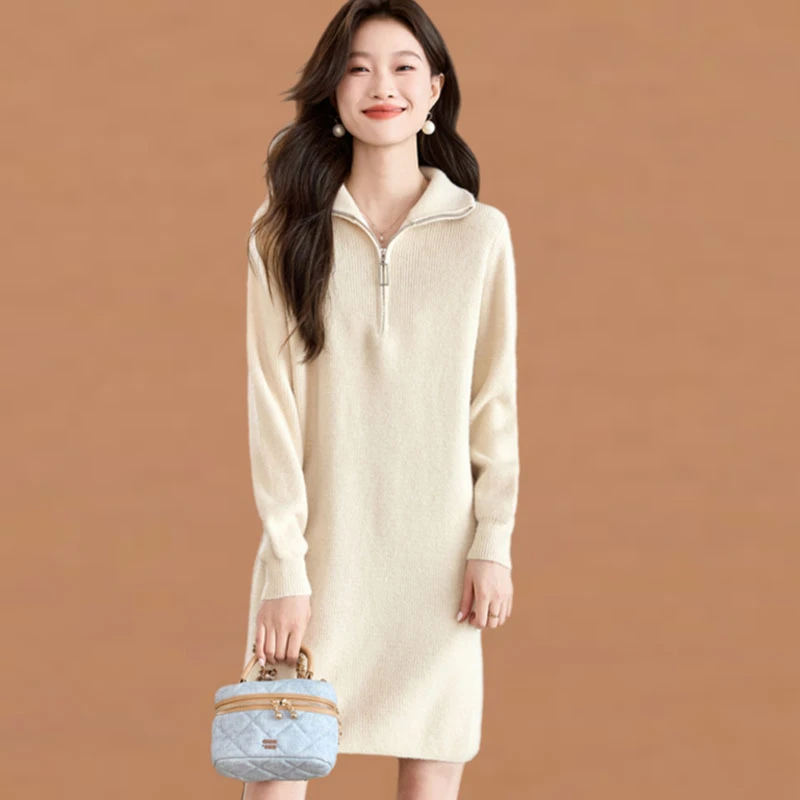 翻领亮丝毛衣女中长款秋冬2025新款内搭加厚宽松打底针织衫遮屁股