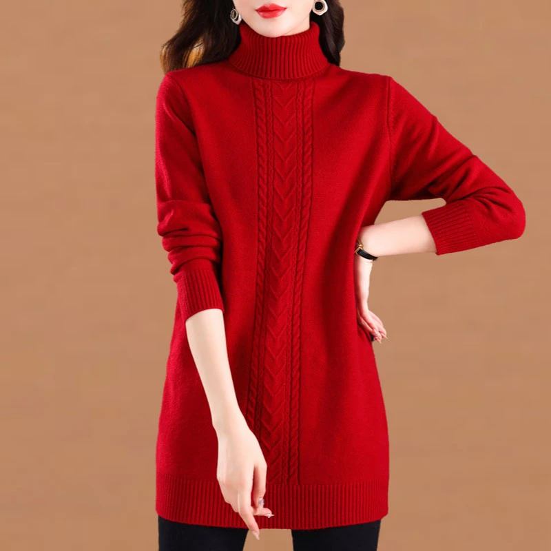 2024新款加厚红色百搭毛衣女宽松洋气春秋冬高领针织打底衫中长款