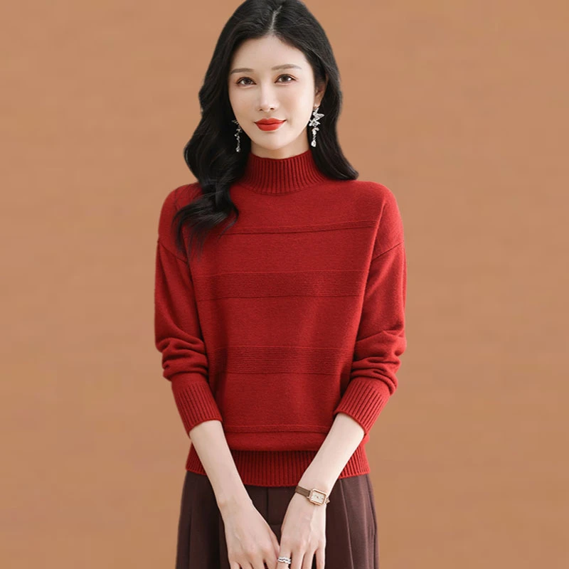 红色半高领毛衣女秋冬季新款加厚外穿高档时尚针织打底衫上衣