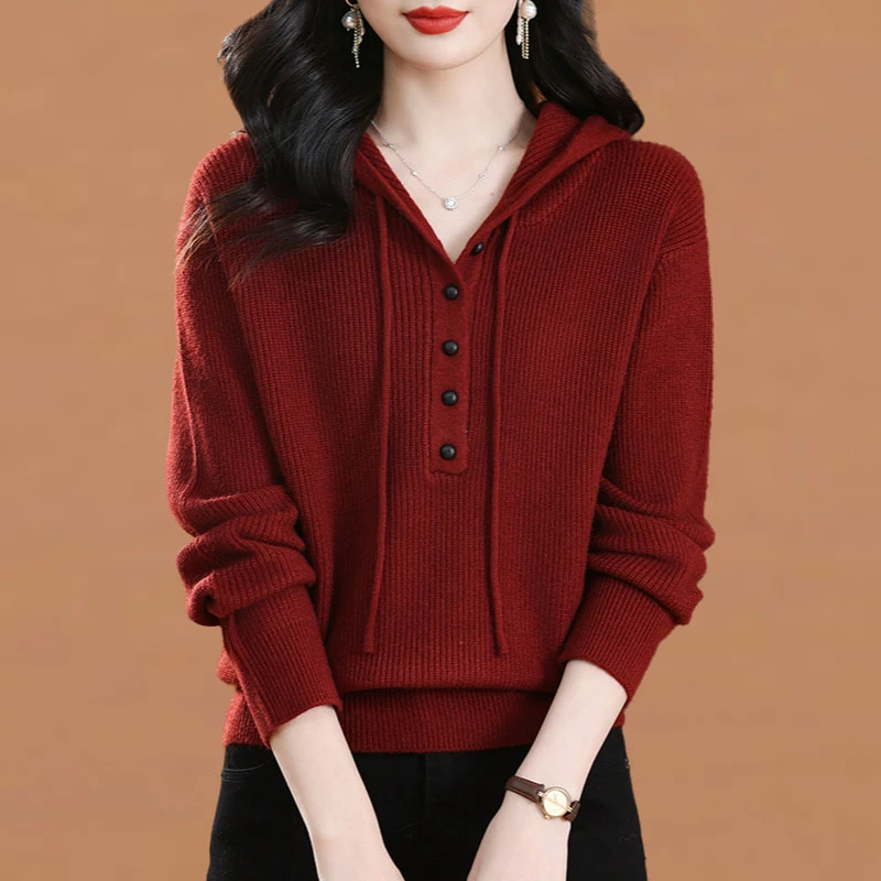 连帽毛衣女春秋2025新款宽松时尚休闲红色带帽卫衣针织打底衫上衣