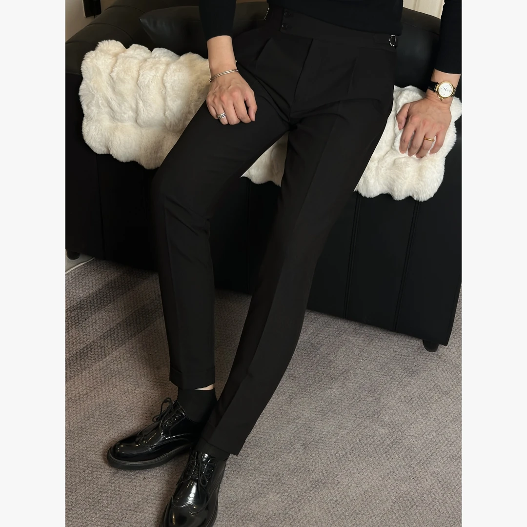 男士秋季新款那不勒斯高腰西裤休闲高级英伦西装裤修身商务黑色