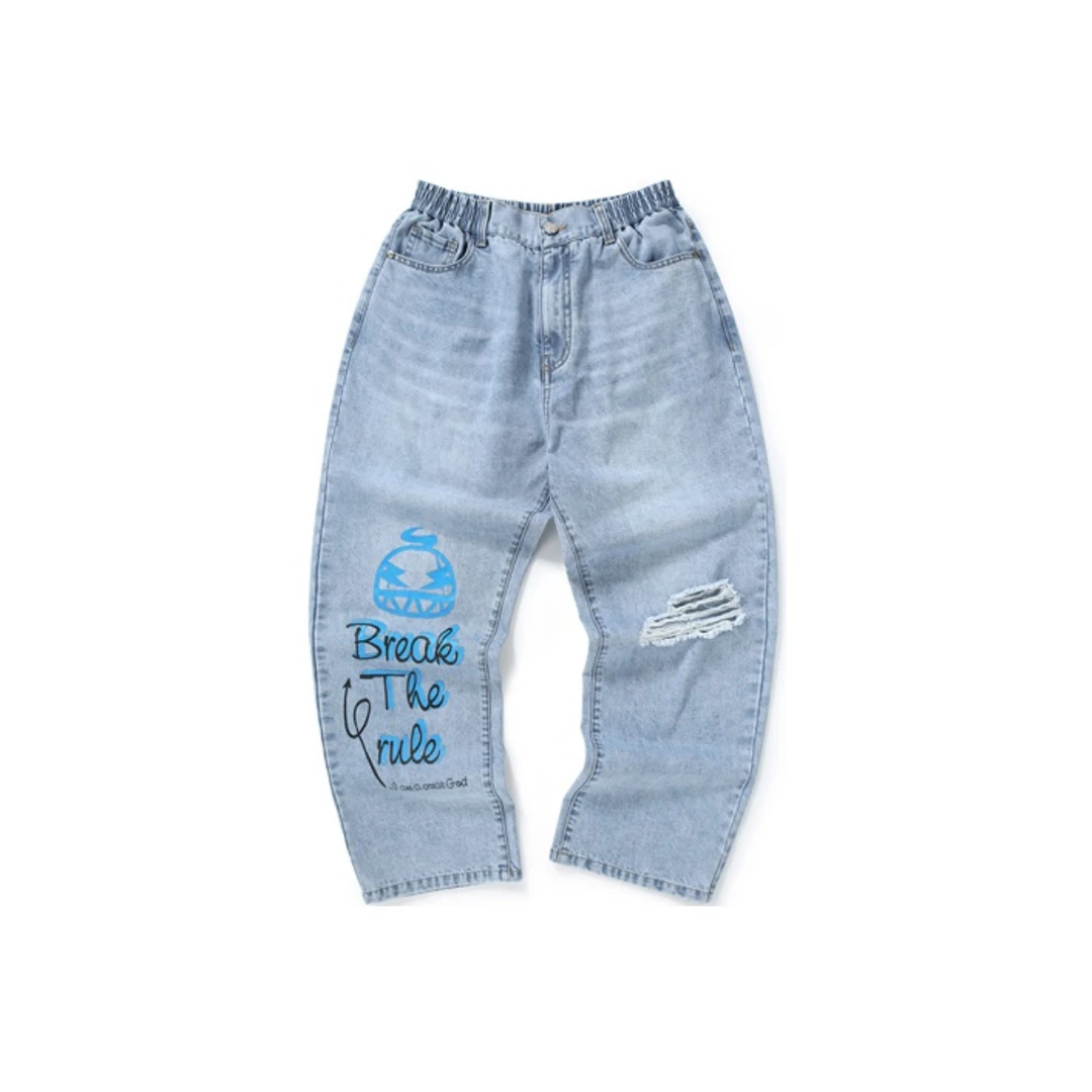 嘻哈印花破洞简约宽松直筒裤牛仔裤 男女同款 牛仔蓝