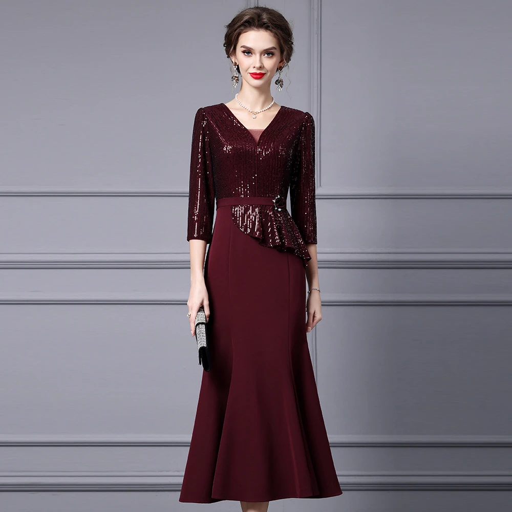 连衣裙适合微胖的高档钉珠片长款鱼尾裙子2025新款秋季婚宴连衣裙