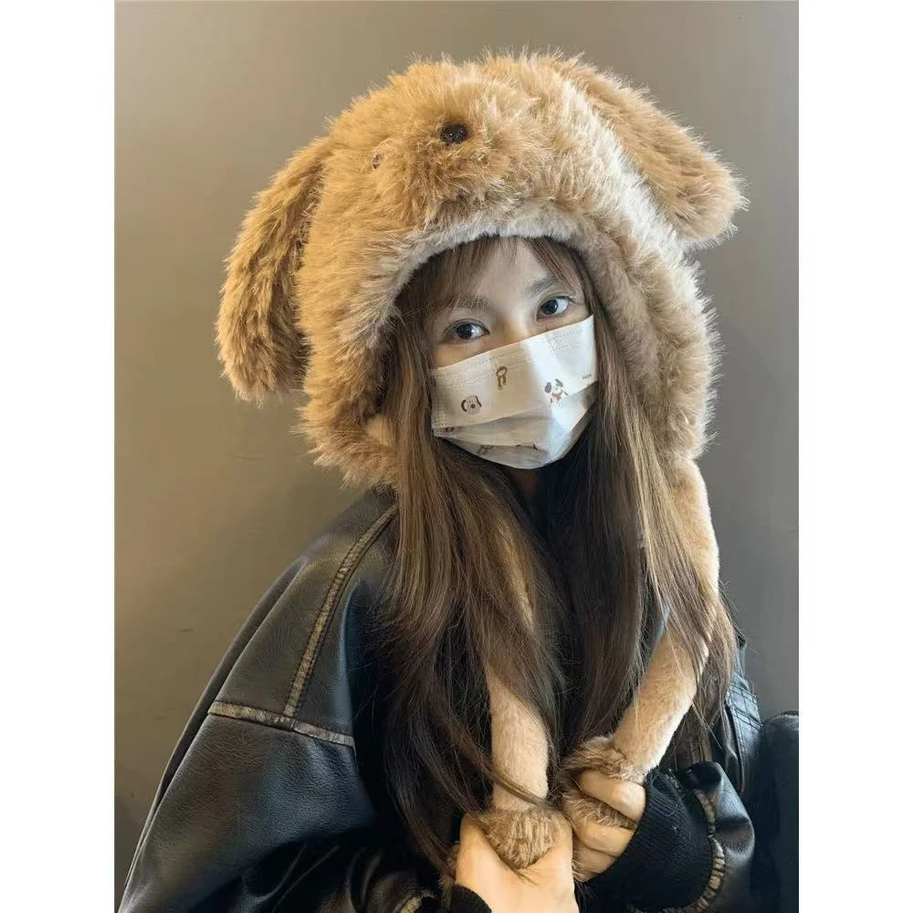 新款加厚毛绒绒帽子可爱会动卡通耳朵显脸小雷锋帽套头帽百搭