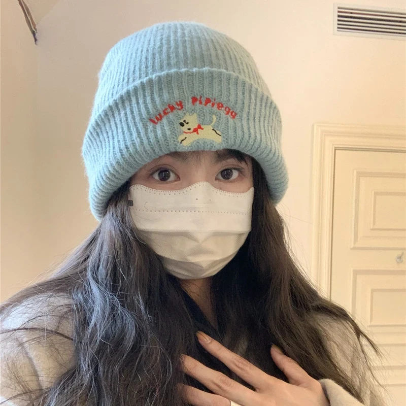 韩版ins可爱刺绣针织毛线帽女加厚保暖秋冬新款显脸小包头帽白色