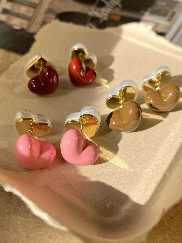 铜合金耳饰 双面爱心新款潮港风时尚气质耳饰粉色甜美耳环