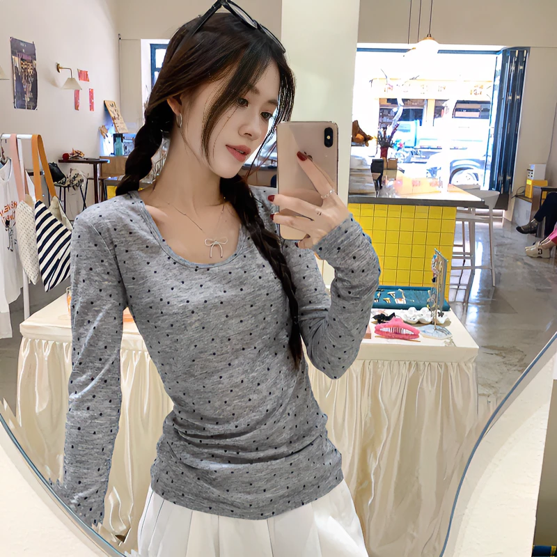 美式慵懒风波点长t恤女夏季薄款防晒罩衫修身显瘦辣妹内搭打底衫