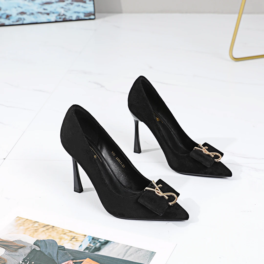 （7公分-10公分）2024新款绒面YS金扣时尚百搭女神高跟鞋