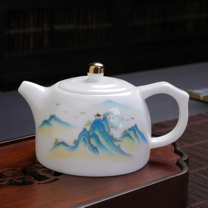 手工羊脂玉茶壶德化白瓷单壶简约陶瓷泡茶壶家用防烫西施壶描金