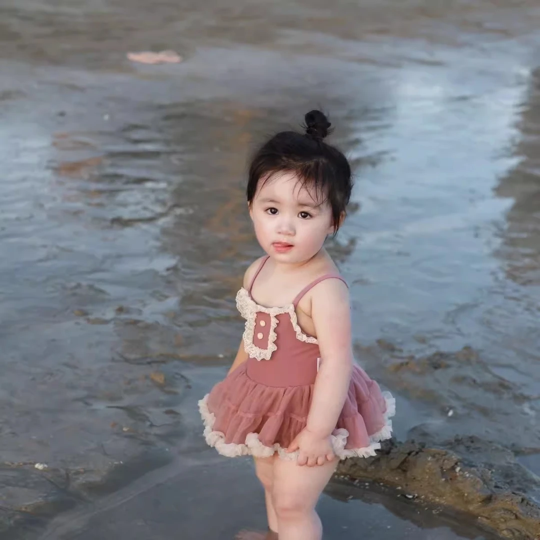 女童泳装2023最新款海边度假日常甜美蕾丝花边吊带公主裙式连体潮