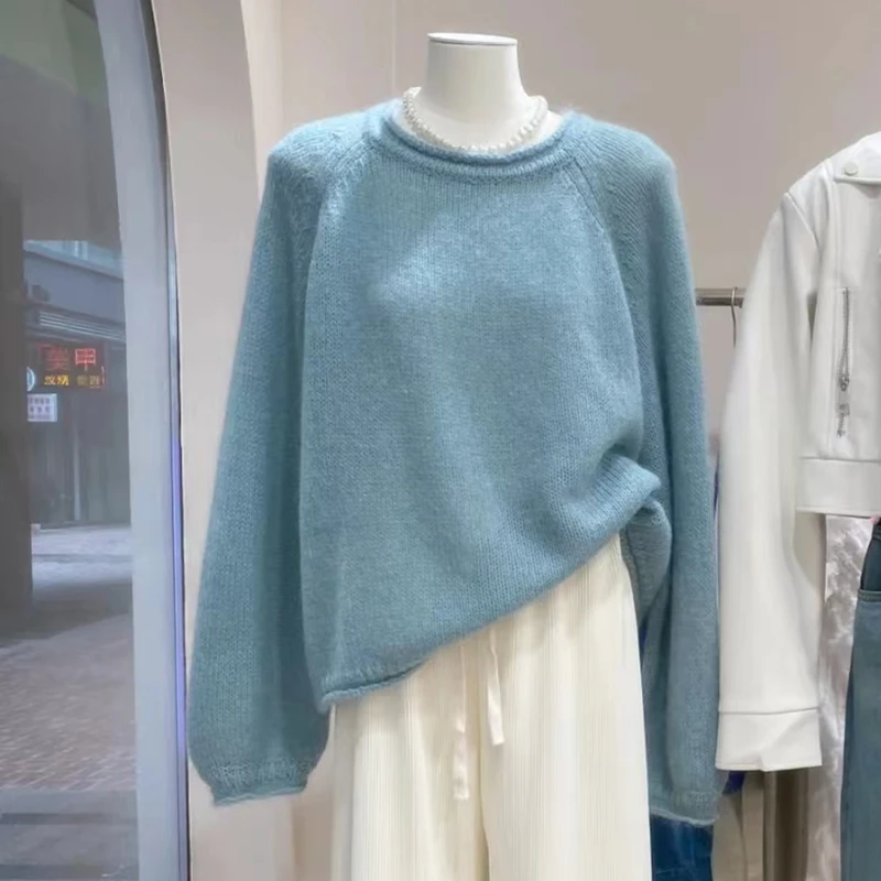 秋冬季新款圆领韩版100%纯羊毛衫加厚百搭时尚毛衣宽松针织打底衫