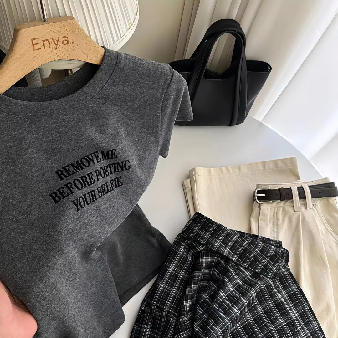 重磅 高弹力 植绒字母短款T恤