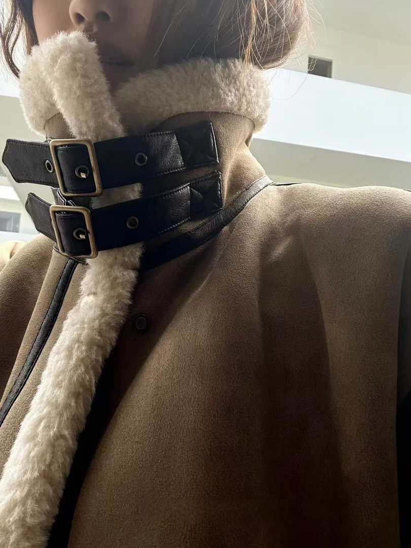 秋冬 高定 高领机车风加绒外套 复合圈圈毛外套