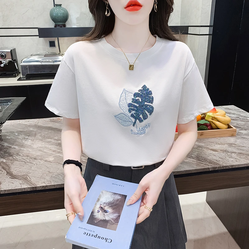 亮片刺绣白色短袖t恤女2024夏季新款韩版宽松半袖上衣纯棉打底衫