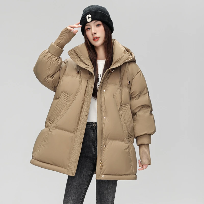 时尚中长百搭连帽白鸭绒羽绒服 FRY3B607609M 咖色