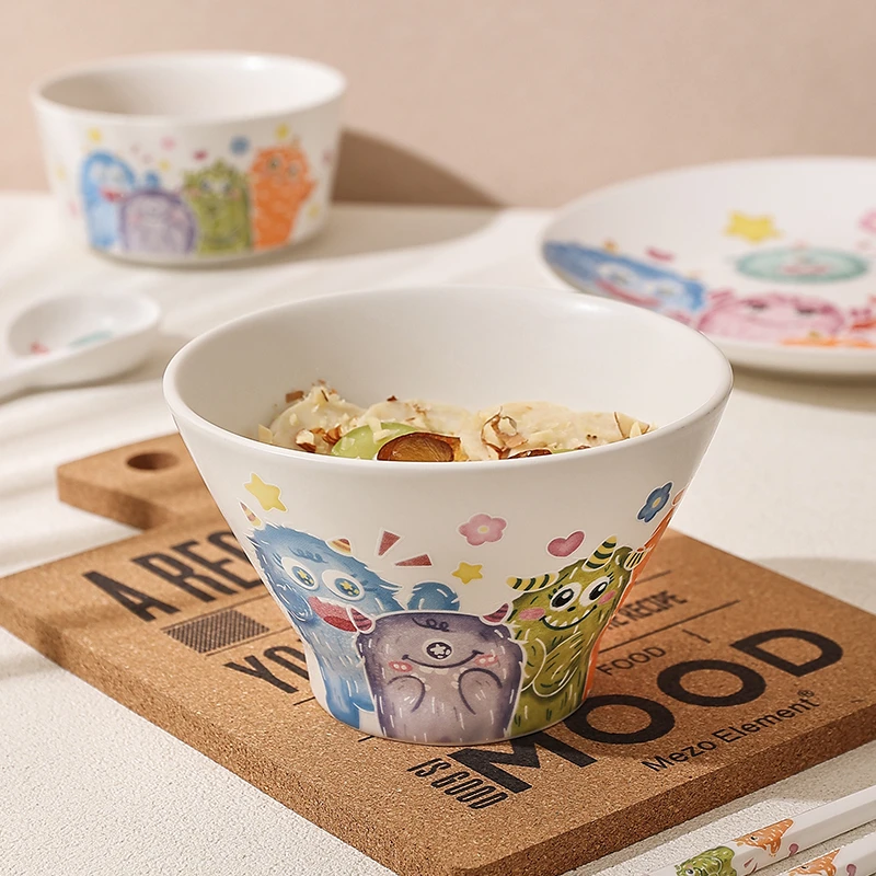 多巴胺小怪兽涂鸦家用餐具套装ins风斗笠碗可爱碗陶瓷高级轻奢风