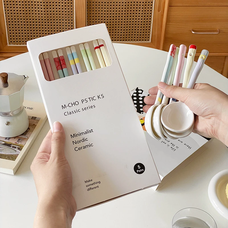 陶瓷筷子马卡龙撞色设计少女心彩色ins家用陶瓷勺子5双礼盒装