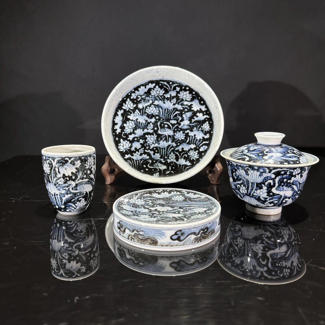 继统柴藏 一路莲科洒蓝茶具套装盖碗四件套景德镇陶瓷手工手绘