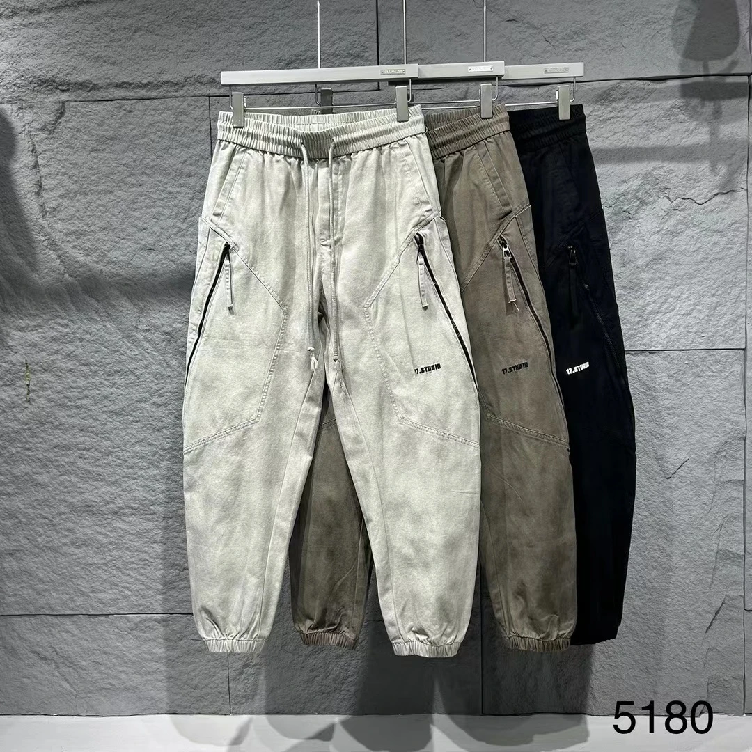 秋季新款纯棉扎染束脚工装弯刀长裤百搭潮流ins拉链工装休闲裤