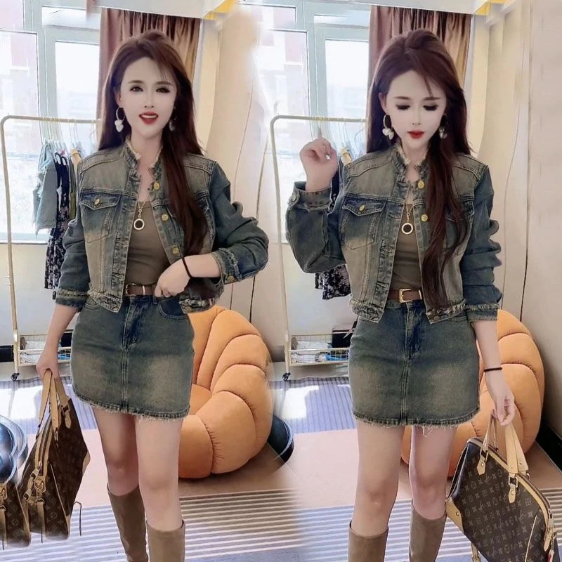 欧货2023春秋新款港风休闲时尚牛仔外套短裙套装女水洗做旧两件套