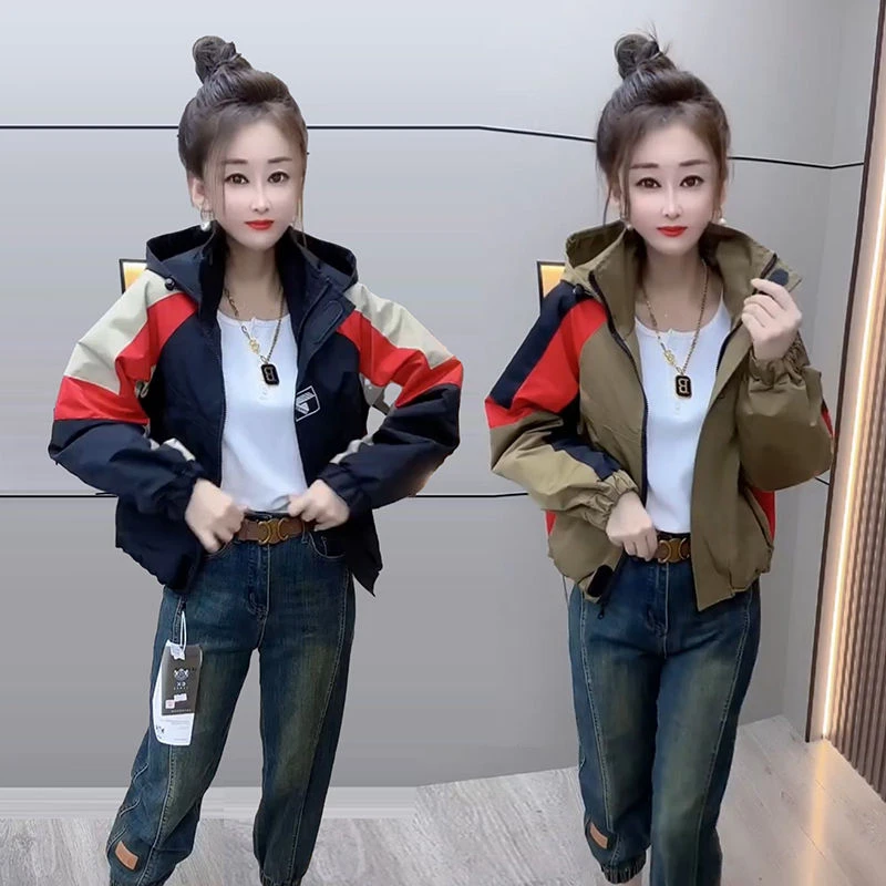 欧货时尚休闲冲锋衣外套女春秋新款宽松显瘦连帽百搭长袖夹克上衣