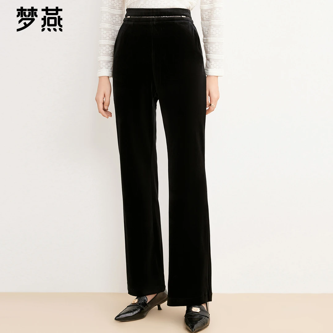 梦燕春秋黑色微喇裤女秋季休闲长裤舒适高级感显高裤子AD05B4020